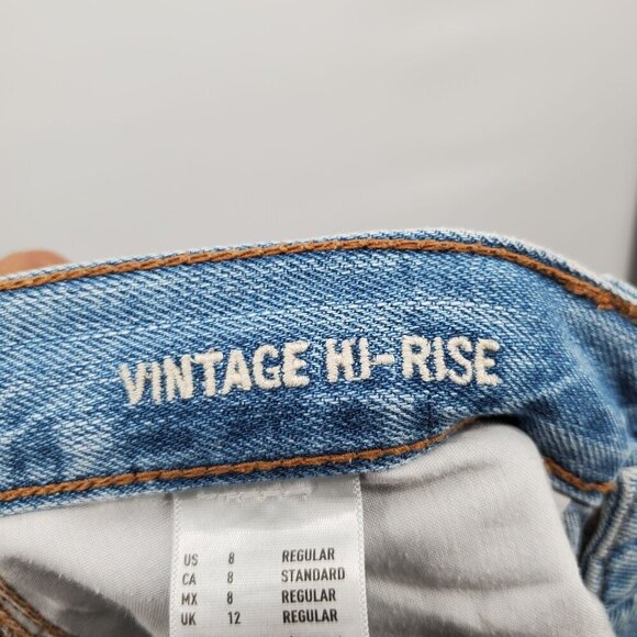 American Eagle Vintage Hi Rise Two Tone Frayed Hem Button Fly Jeans Women Size 8 - Picture 10 of 16